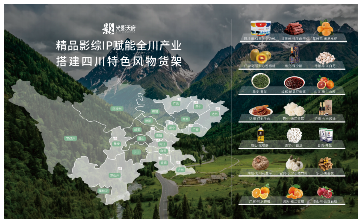 四川地图与多种地方特色食品组成的光影天府风物货架示意图